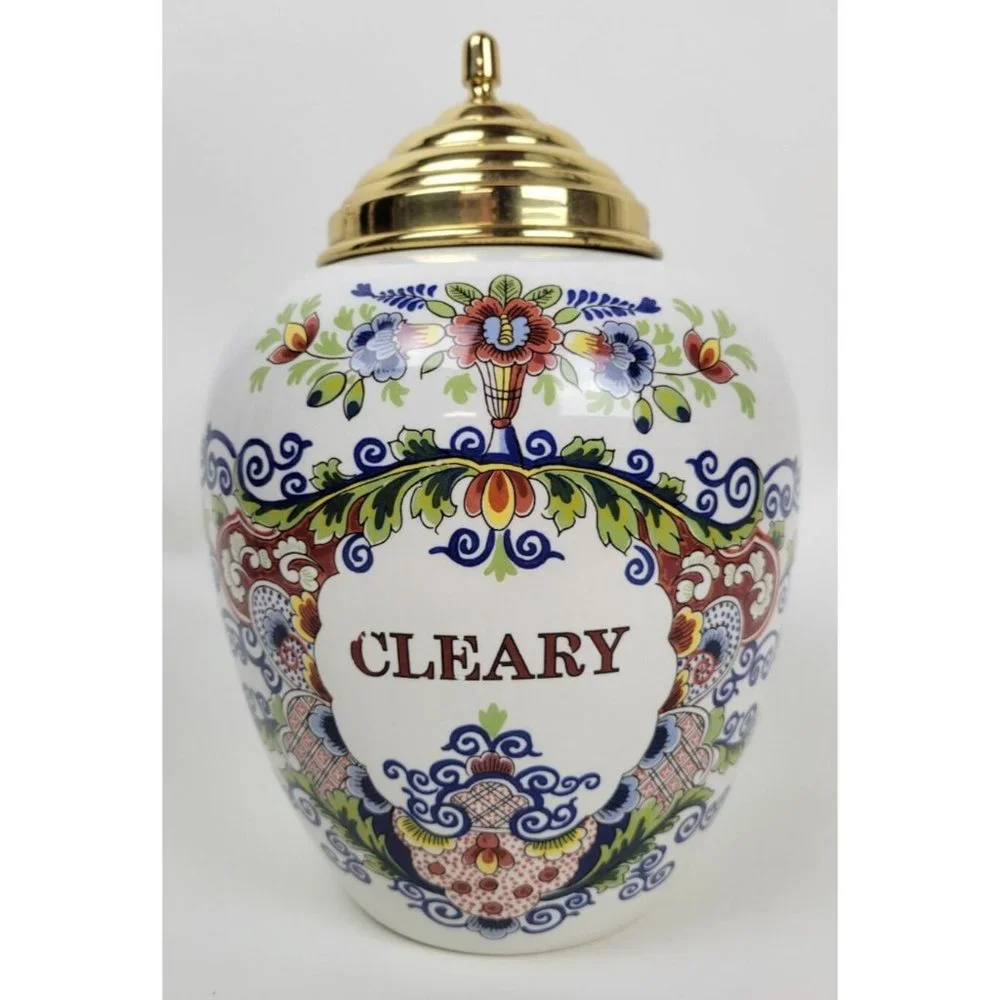 Vintage Royal Goedewaagen Delft Cleary Tobacco Jar Apothecary w Brass Lid  11.5